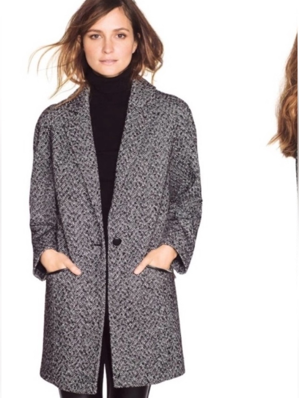 WHITE HOUSE BLACK MARKET Black White Wool Herringbone Cocoon Jacket Size XXS